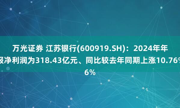万光证券 江苏银行(600919.SH)：2024年年报净利润为318.43亿元、同比较去年同期上涨10.76%