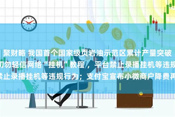 聚财略 我国首个国家级页岩油示范区累计产量突破500万吨；抖音直播：切勿轻信网络“挂机”教程 ，平台禁止录播挂机等违规行为；支付宝宣布小微商户降费再延长1年